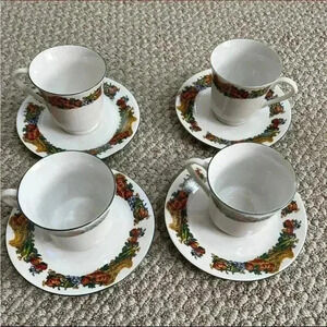 Domestications | Thanksgiving Set of 4 Cup and Saucer | Fall Cornucopia Theme